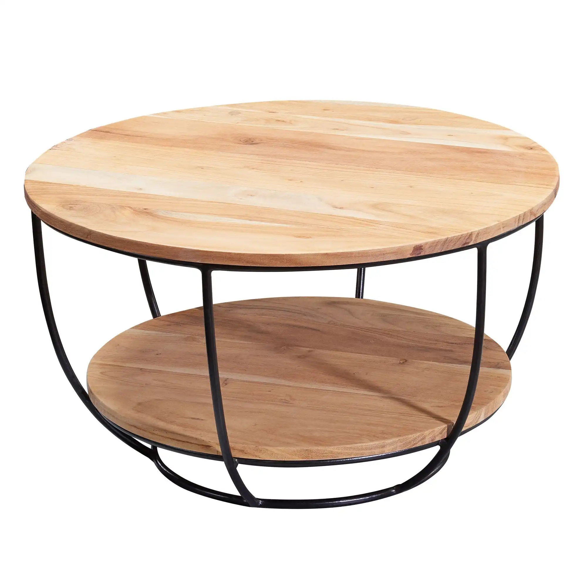 Wooden & Iron Round Coffee Table with 2 Shelves - popular handicrafts