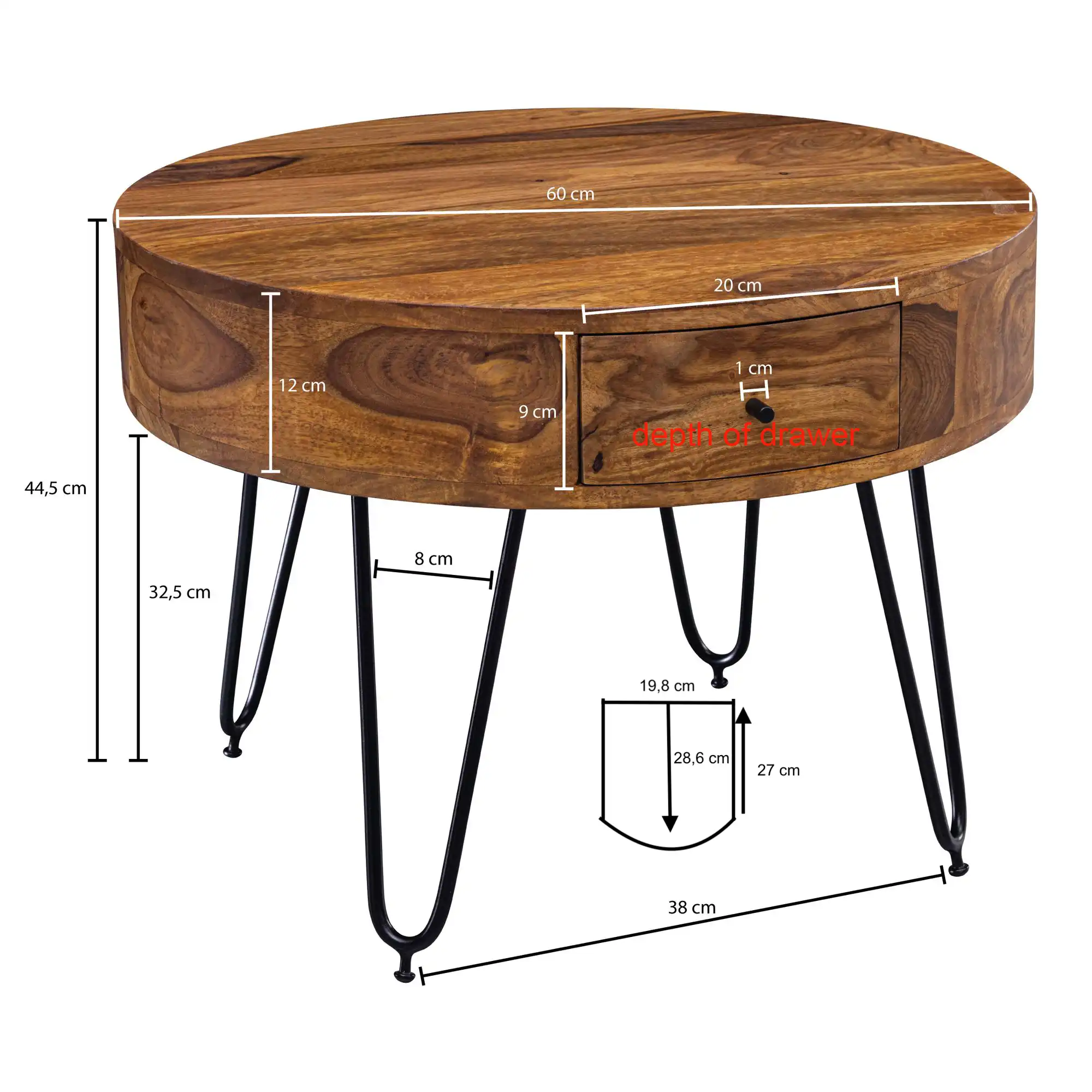 Sheesham Wood Lawa Round Coffee Table with 1 Drawer & Iron Hairpin Legs (KD) - popular handicrafts